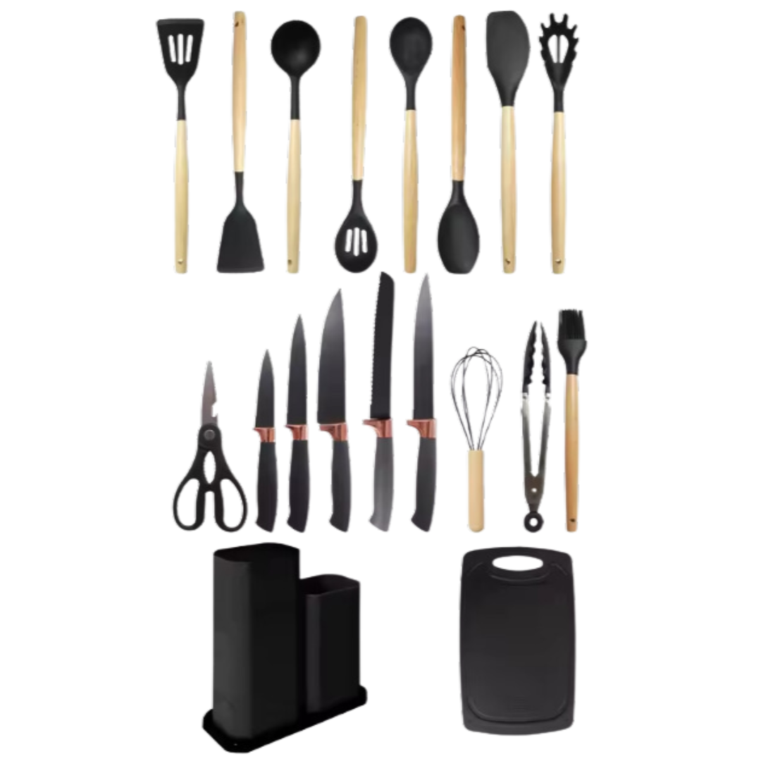 19-Piece Silicone Kitchen Utensil Set with Wooden Handle - Exclusive Colors