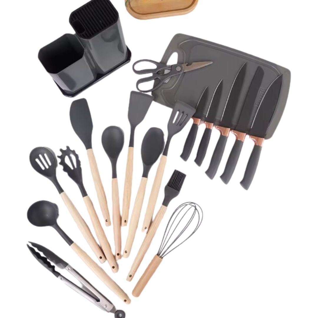 19-Piece Silicone Kitchen Utensil Set with Wooden Handle - Exclusive Colors