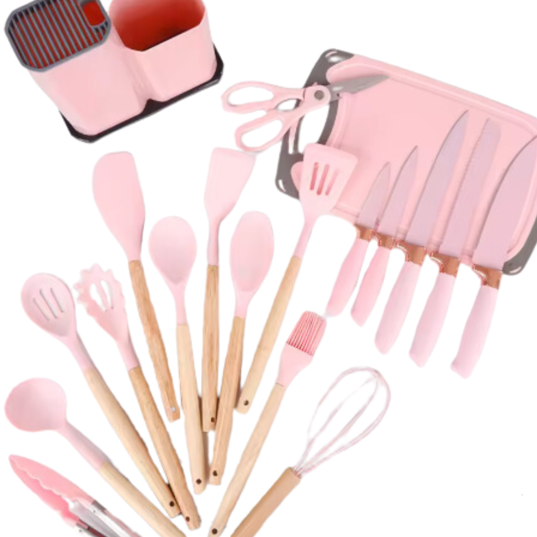 19-Piece Silicone Kitchen Utensil Set with Wooden Handle - Exclusive Colors