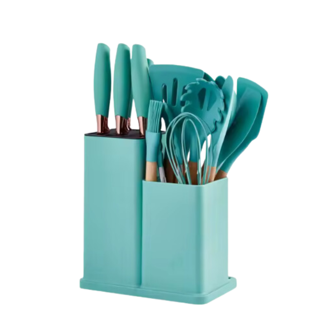 19-Piece Silicone Kitchen Utensil Set with Wooden Handle - Exclusive Colors