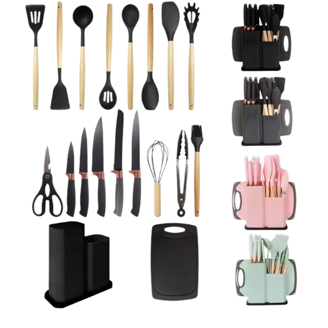 19-Piece Silicone Kitchen Utensil Set with Wooden Handle - Exclusive Colors