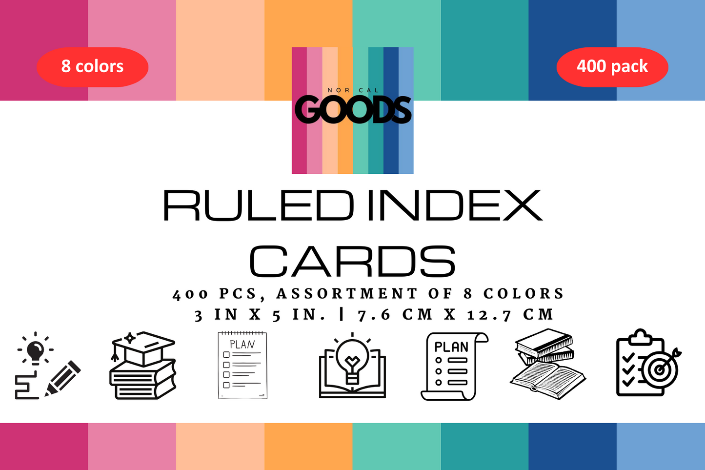 400 pack Colorful Tabbed Ruled Index cards